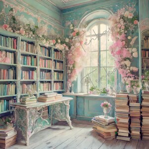 Peut inclure: Une bibliothèque de style vintage avec une grande bibliothèque remplie de livres, un bureau en bois avec un arrangement floral et une fenêtre avec des fleurs roses. La pièce est peinte en bleu clair et a une ambiance fantaisiste.