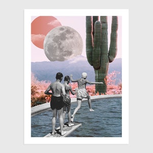 Kunstdruck - Vintage Collage von Menschen, die in einem Pool mit Kaktus und Mond springen | Surreale Kunst, Retro Kunst, Wanddekoration, Poster, Blumen