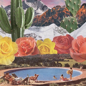 May include: A collage featuring a swimming pool with people in it, surrounded by a lush green landscape. The background features a snowy mountain range with cacti and roses in the foreground.