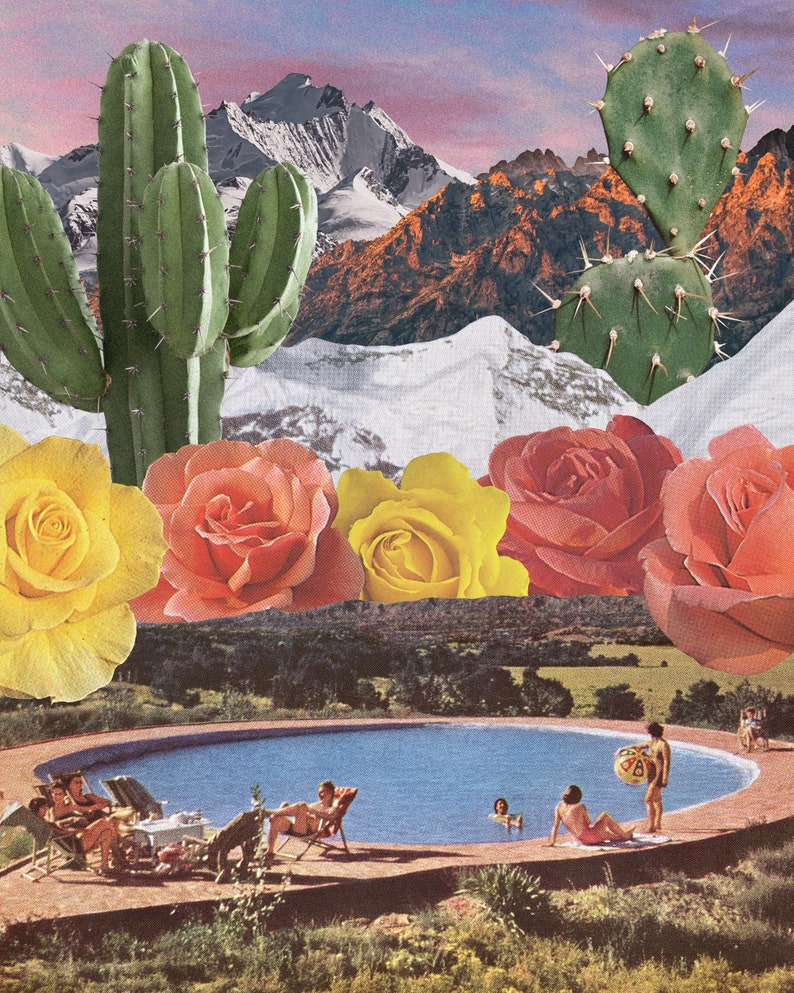 May include: A collage featuring a swimming pool with people in it, surrounded by a lush green landscape. The background features a snowy mountain range with cacti and roses in the foreground.