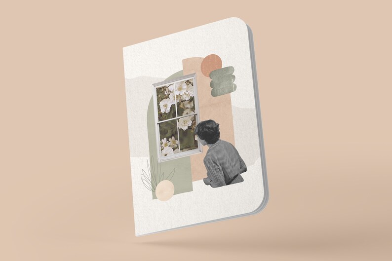 May include: A white notebook with a collage of abstract shapes and a person looking out a window with white flowers. The shapes are in shades of green, brown, and orange.