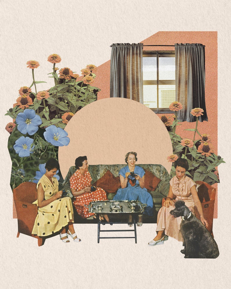 Affiche Collage vintage de femmes qui prennent le thé Art surréel, art rétro, décoration murale, poster, art print, fleurs, pêche image 2