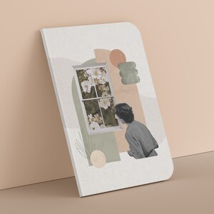 May include: A collage featuring a woman looking out a window with white flowers. The background is a mix of abstract shapes in shades of green, brown, and white.