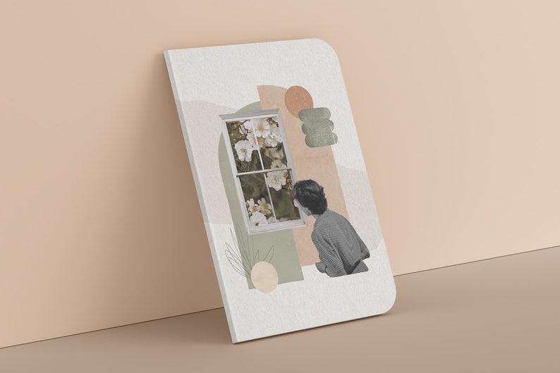 May include: A collage featuring a woman looking out a window with white flowers. The background is a mix of abstract shapes in shades of green, brown, and white.