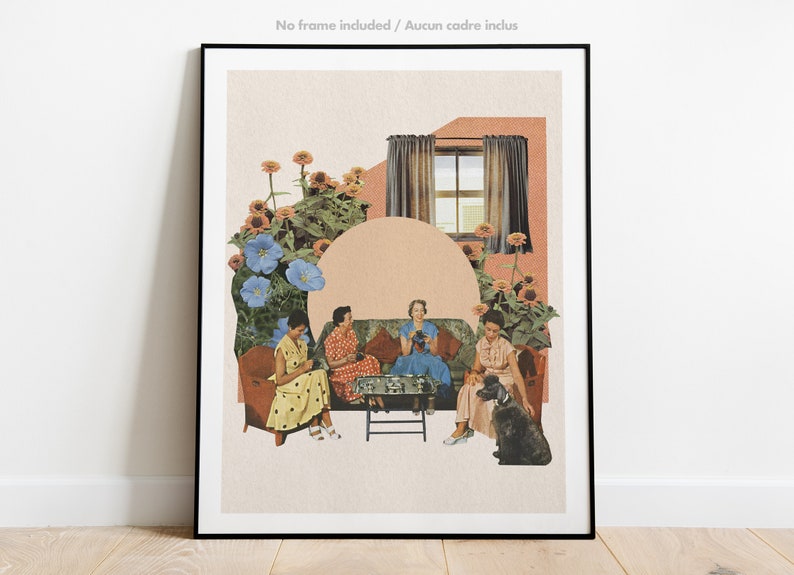 Affiche Collage vintage de femmes qui prennent le thé Art surréel, art rétro, décoration murale, poster, art print, fleurs, pêche image 4
