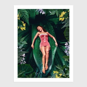Art Print - Vintage Collage of a Woman Lying on a Plant Leaf | Surreal art, retro art, wall decor, poster, flowers, jungle