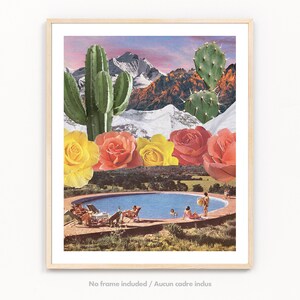 May include: A colorful collage featuring a swimming pool, mountains, cacti, and roses. The pool is surrounded by a grassy area and a wooden deck with people sitting on lounge chairs. The mountains are in the background, with snow-capped peaks. The cacti are in the foreground, with green stems and prickly spines. The roses are in a row, with yellow, red, and pink petals.