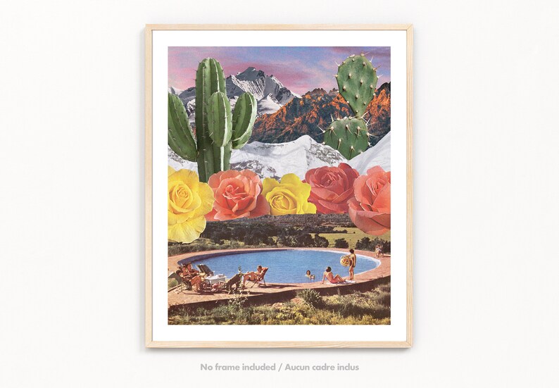 May include: A colorful collage featuring a swimming pool, mountains, cacti, and roses. The pool is surrounded by a grassy area and a wooden deck with people sitting on lounge chairs. The mountains are in the background, with snow-capped peaks. The cacti are in the foreground, with green stems and prickly spines. The roses are in a row, with yellow, red, and pink petals.