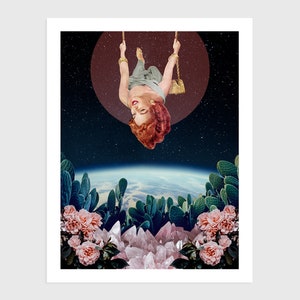 Art Print - Vintage Collage of a Woman on a Swing in Space | Surreal art, retro art, wall decor, poster, cactus, cristals, flowers