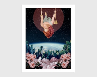 Art Print - Vintage Collage of a Woman on a Swing in Space | Surreal art, retro art, wall decor, poster, cactus, cristals, flowers