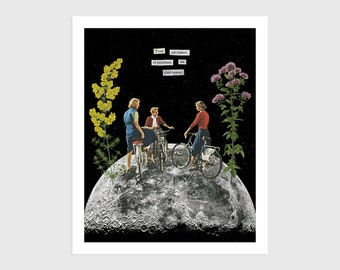 Art Print - Vintage Collage of Women on Bicycles on the Moon with Flowers | Surreal art, retro art, wall decor, poster