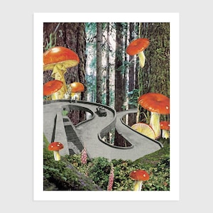 Art Print - Vintage Collage of a Road in the Forest with Mushrooms  | Surreal art, retro art, wall decor, poster, wall art