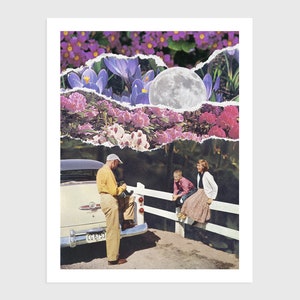 Art Print - Vintage Collage of a Family with Flowers and the Moon | Surreal art, retro art, wall decor, poster