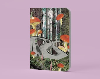 Softcover Notebook Plain/Ruled/Dotted/Squared - Vintage Collage of a Road in the Forest with Mushrooms | Retro, Surreal art, bullet journal