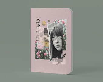 Cahier de notes Softcover vierge/ligné/quadrillé/pointillé - Collage Vintage d'une femme avec fleurs et citation du Petit Prince