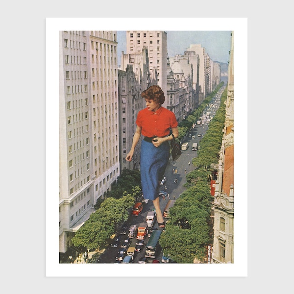 Art Print - Vintage Collage of a Woman Walking in the City | Surreal art, retro art, wall decor, poster, vintage art