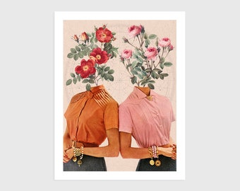 Art Print - Vintage Collage of Two Women with Bouquet of Flowers and Constellation Map | Surreal art, retro art, wall decor, poster