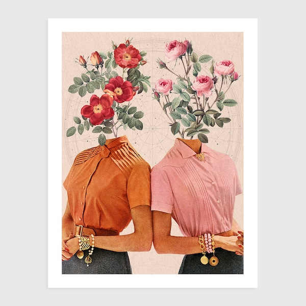 Affiche - Collage vintage de femmes avec bouquet de fleurs et carte du ciel | Art surréel, art rétro, décoration murale, poster, art print