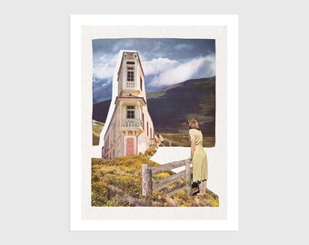 Art Print - Vintage Collage of a Woman Looking at a Pink House | Surreal art, retro art, wall decor, poster, vintage collage