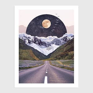 Art Print - Vintage Collage of a Road with Mountains and the Moon | Surreal art, retro art, wall decor, poster, landscape