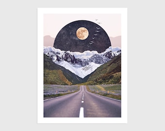 Art Print - Vintage Collage of a Road with Mountains and the Moon | Surreal art, retro art, wall decor, poster, landscape