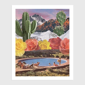 Art Print - Vintage Collage of People at a Swimming Pool with Flowers, Cactus and Mountains | Surreal art, retro art, wall decor, poster