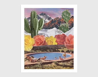 Art Print - Vintage Collage of People at a Swimming Pool with Flowers, Cactus and Mountains | Surreal art, retro art, wall decor, poster