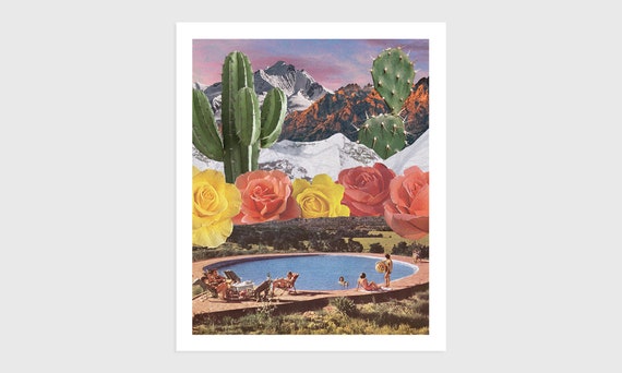 Art Print - Vintage Collage of People at a Swimming Pool with Flowers, Cactus and Mountains | Surreal art, retro art, wall decor, poster