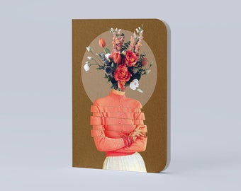 Softcover Notebook Plain/Ruled/Dotted/Squared - Vintage Collage of a Woman with Bouquet of Flowers | Surreal art, retro art, bullet journal