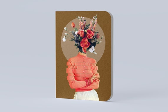 Softcover Notebook Plain/Ruled/Dotted/Squared - Vintage Collage of a Woman with Bouquet of Flowers | Surreal art, retro art, bullet journal