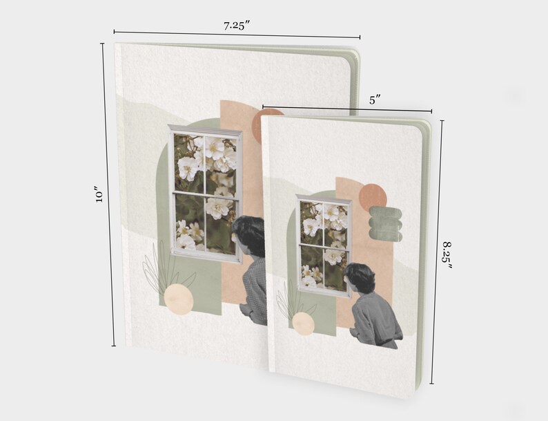 May include: Two notebooks with a floral and abstract design. The larger notebook is 7.25 inches wide by 10 inches tall. The smaller notebook is 8.25 inches wide by 5 inches tall.