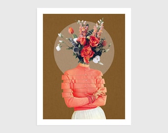 Art Print - Vintage Collage of a Woman with Bouquet of Flowers | Surreal art, retro art, wall decor, poster