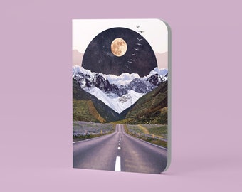 Softcover Notebook Plain/Ruled/Dotted/Squared - Vintage Collage of a Road with Mountains and the Moon | Surreal art, retro art