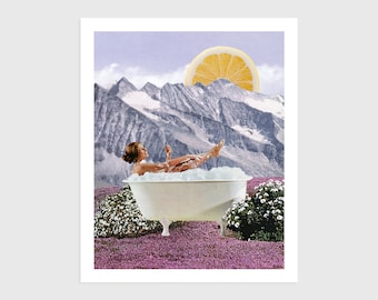 Art Print - Vintage Collage of a Woman Taking a Bath Surrounded by Mountains and Flowers | Surreal art, retro art, wall decor, poster