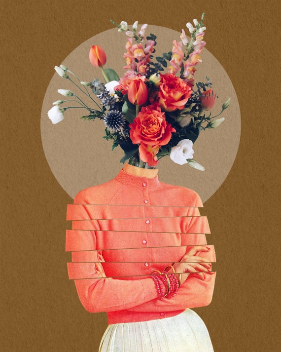 Art Print Vintage Art, a Poster Wall Etsy Art, Surreal Flowers With Collage Woman - of of Retro Decor, Bouquet
