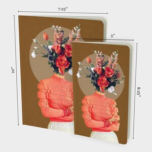 May include: Two brown notebooks with a floral design. The front cover of each notebook features a woman with a bouquet of flowers for a head. The larger notebook measures 7.25 inches by 10 inches. The smaller notebook measures 5 inches by 8.25 inches.