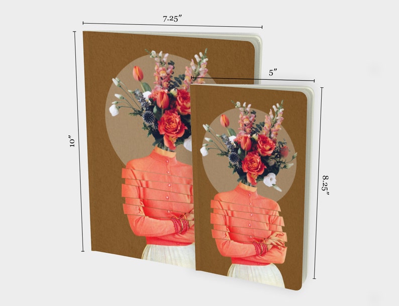 May include: Two brown notebooks with a floral design. The front cover of each notebook features a woman with a bouquet of flowers for a head. The larger notebook measures 7.25 inches by 10 inches. The smaller notebook measures 5 inches by 8.25 inches.