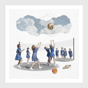 Art Print - Vintage Collage of Girls Playing Volleyball with Planets | Surreal art, retro art, wall decor, poster, space, galaxy