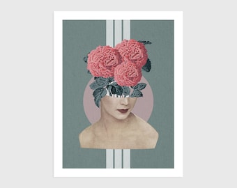 Art Print - Vintage Collage of a Woman's Face with Flowers | Surreal art, retro art, wall decor, poster, teal, pink