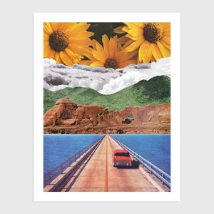 Art Print - Vintage Collage of a Road with Mountains and Flowers  | Surreal art, retro art, wall decor, poster, wall art