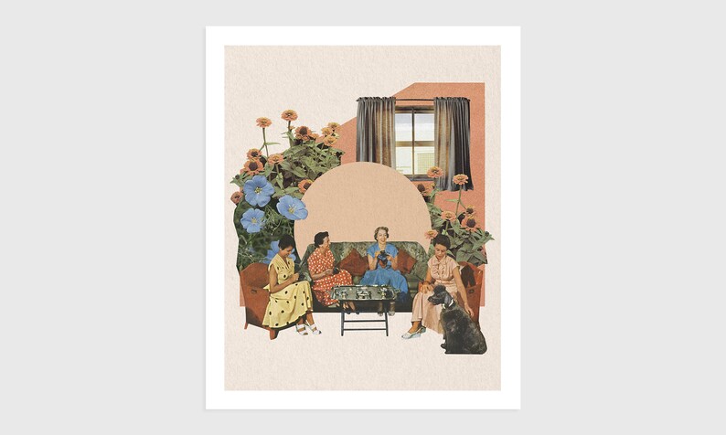 Affiche Collage vintage de femmes qui prennent le thé Art surréel, art rétro, décoration murale, poster, art print, fleurs, pêche image 1