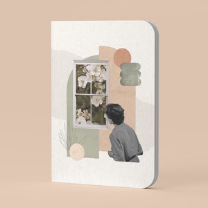 Softcover Notebook Plain/Ruled/Dotted/Squared - Vintage Collage of a Woman Looking at Flowers Through a Window | Peach, sage, bullet journal