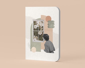 Softcover Notebook Plain/Ruled/Dotted/Squared - Vintage Collage of a Woman Looking at Flowers Through a Window | Peach, sage, bullet journal