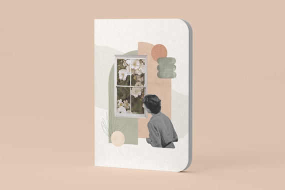 Softcover Notebook Plain/Ruled/Dotted/Squared - Vintage Collage of a Woman Looking at Flowers Through a Window | Peach, sage, bullet journal