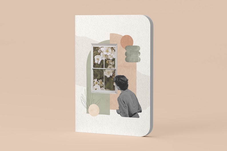 May include: A white notebook with a collage design featuring a window with white flowers, a person looking out the window, and abstract shapes in green, brown, and beige.