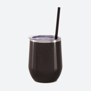May include: A dark charcoal gray tumbler with a subtle glitter finish, featuring a clear plastic lid and a straight black straw. The vessel has a rounded, stemless shape with a metallic silver rim at the top edge, providing a sleek appearance.