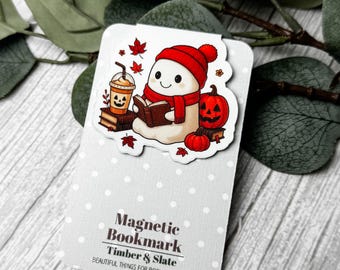Fall Ghost with Coffee & Book Magnetic Bookmark, Fall Bookmark, Cute Ghost Bookmark, Fall Feels Bookmark, Halloween Bookmark, Reader Gift