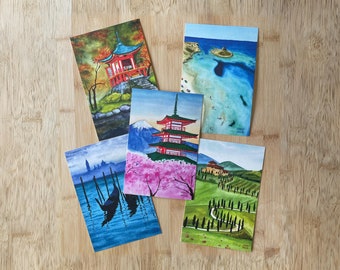 Lot de 5 cartes postales aquarelles : Kyoto, Fuji (Japon), Venise, Sardaigne (Italie), Toscane