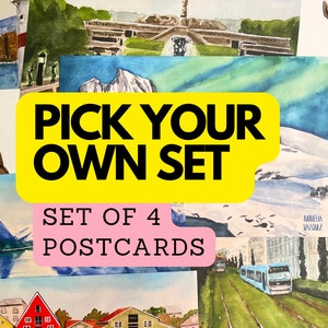 Build your own set of 4 art postcards - Venezuela, New York, Norway, Italy, Japan