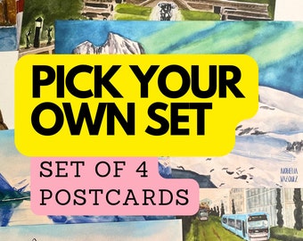 Créez votre propre lot de 4 cartes postales d'art : Venezuela, New York, Norvège, Italie, Japon
